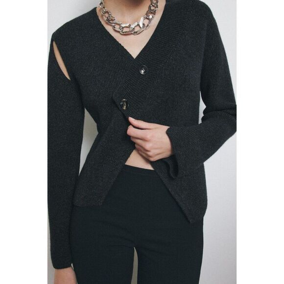 Zara Womens Sweater S Anthracite Gray Cut Out Wool Blend Cardigan 6771/135 NWT - Picture 1 of 11
